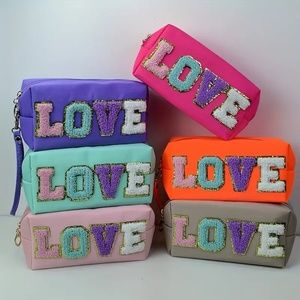Patch Love Chenille Letters Makeup Cosmetic Toiletry Portable Travel Bag